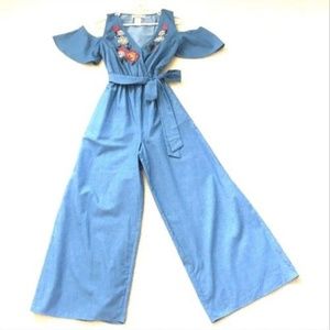 Flying Tomato Jumpsuit Blue Chambray Cold Shoulder